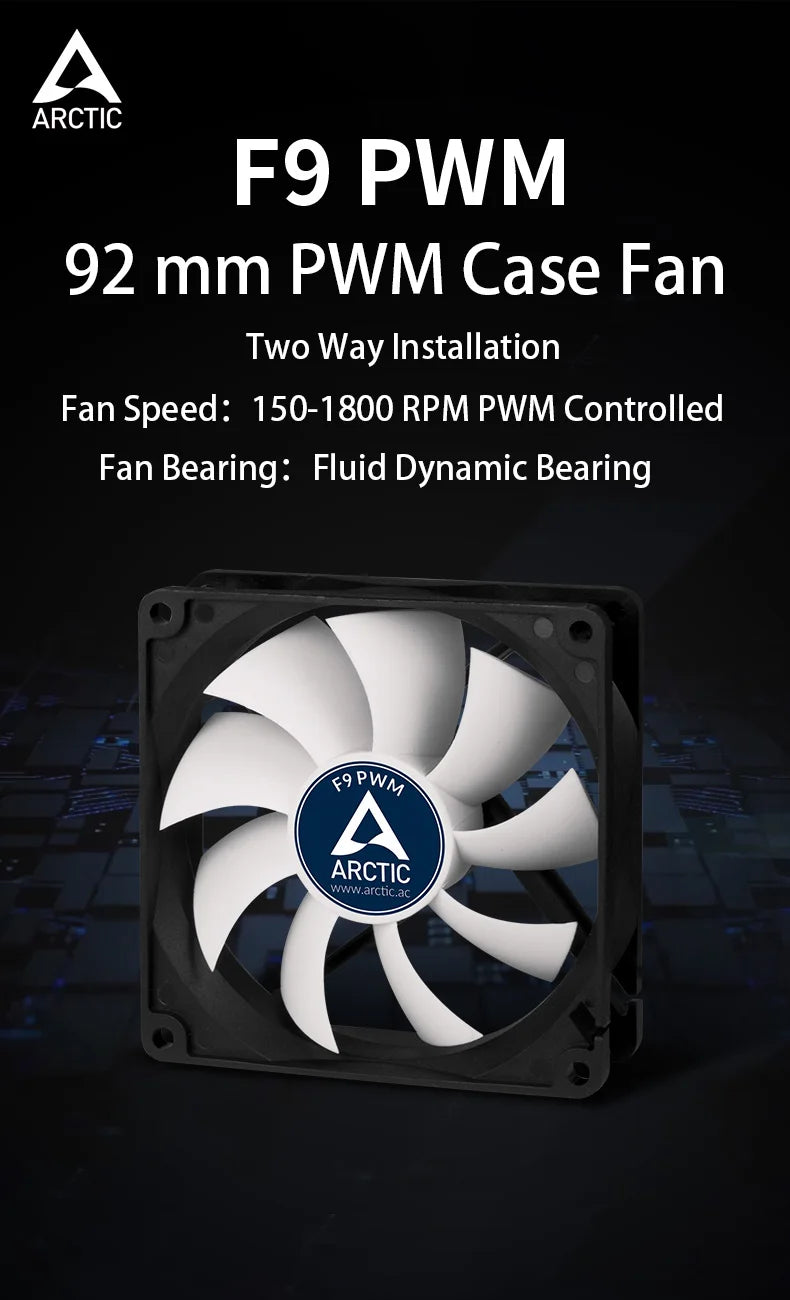 ARCTIC F9 PWM - 92 mm PWM Case Fan, PWM-Signal regulates Fan Speed, Very Quiet Motor, Computer, Fan Speed: 150-1800 RPM