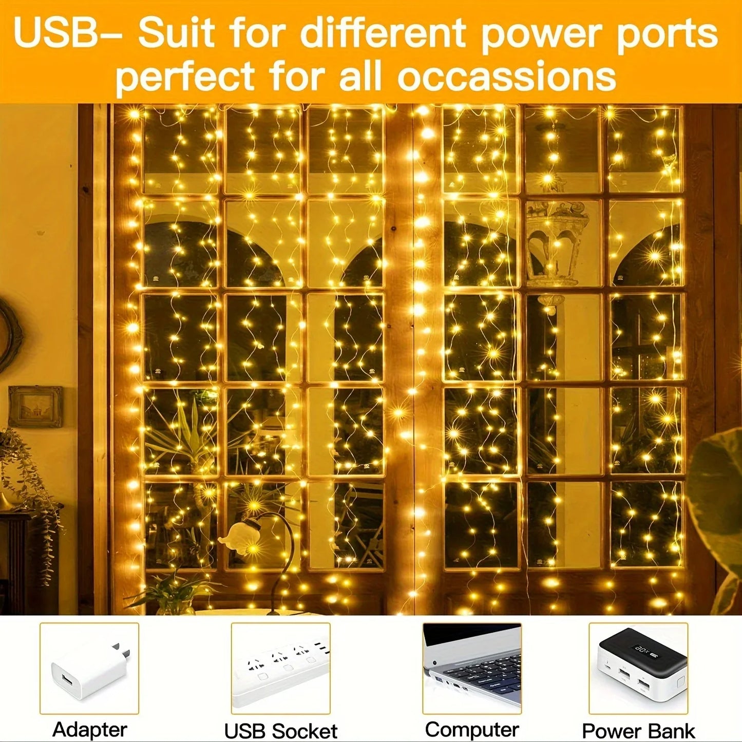 Fairy Curtain Lights for Bedroom Christmas String Lights USB 8 Modes Hanging Twinkle Remote Control for Wedding Party Xmas Decor