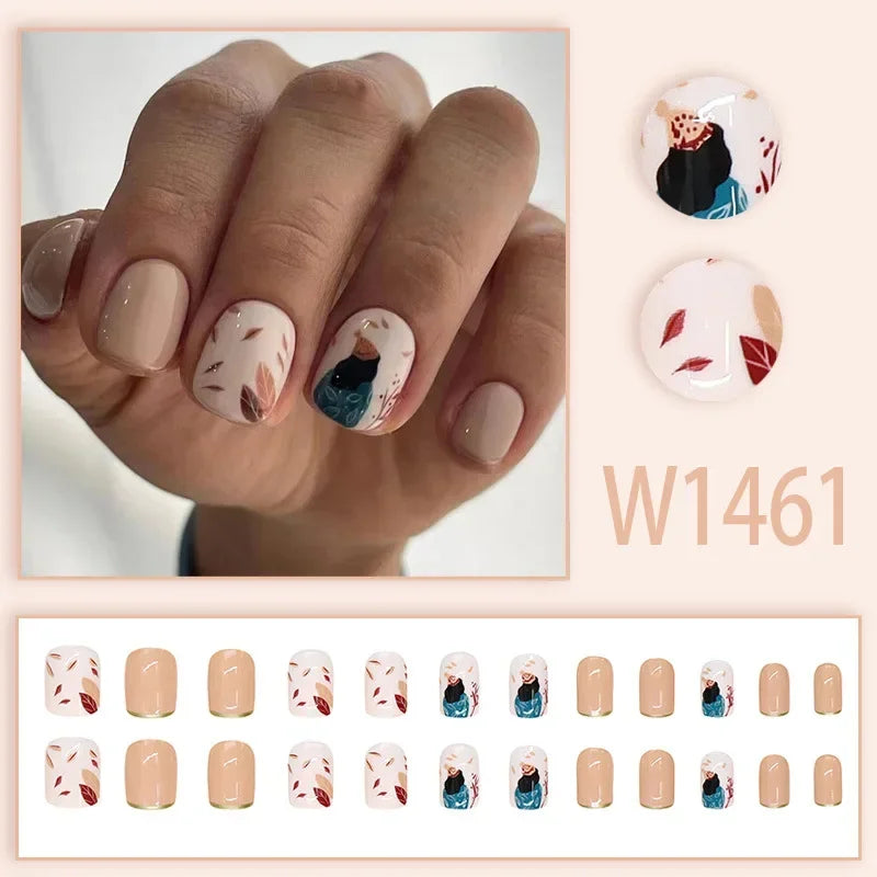 Black Ink Style Fake Nail with Jelly sticker Press on False Nails Wearable Round Head Oval Full Cover Nail Tips