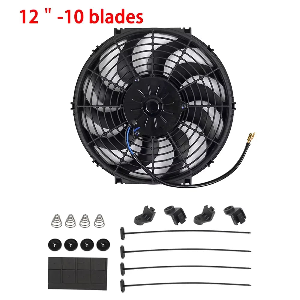 Universal 7/9/10/12/14/16 Inch 12V 80W 2100RPM Car Air Conditioning Cooling Fan Blade Cool Mounting Kit CF-1001 Black CF-1001