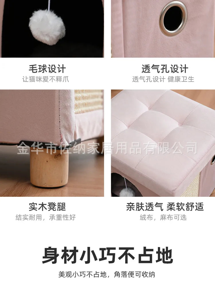 Multi Functional Cat Bed with Wooden Legs Foldable Pet Stool for Sitting