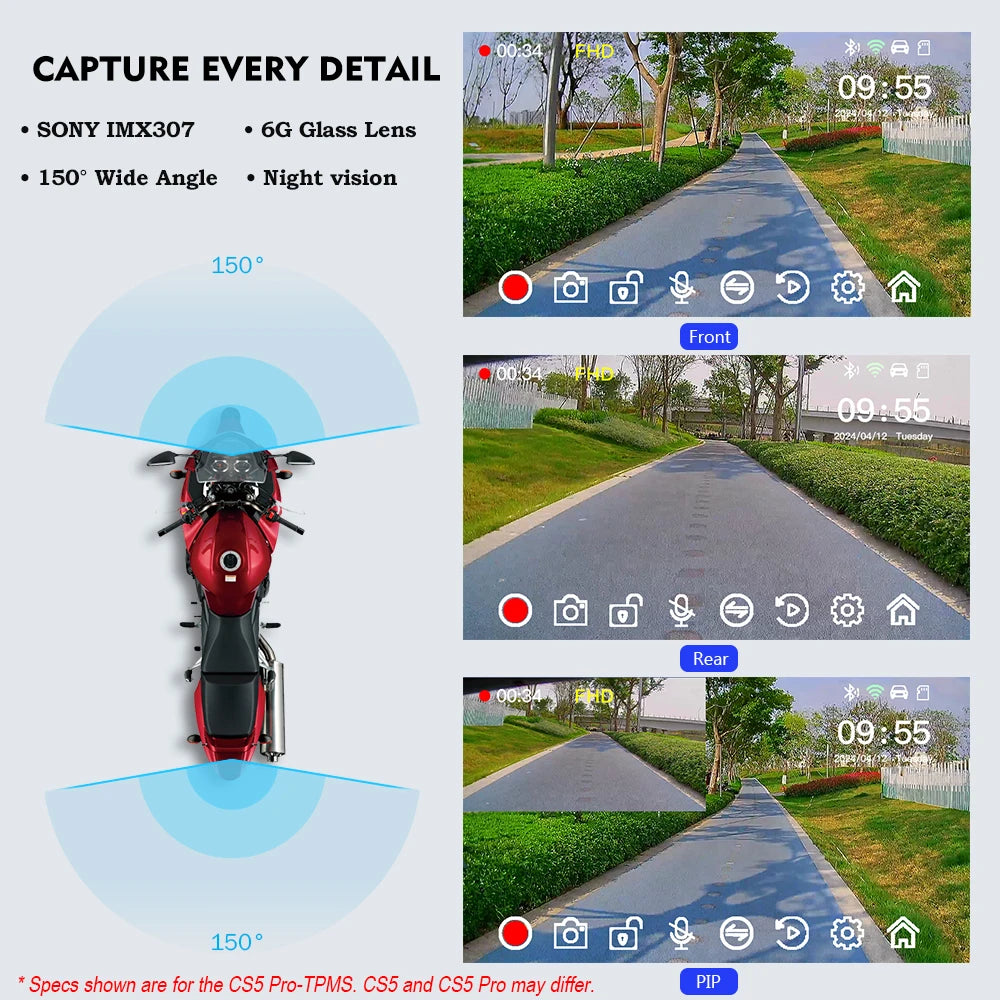 VSYS Carplay Android Auto Motorcycle Dash Cam 5.0'' Touchscreen with Dual 1080P Waterproof Cameras TPMS Parking Mode WiFi App