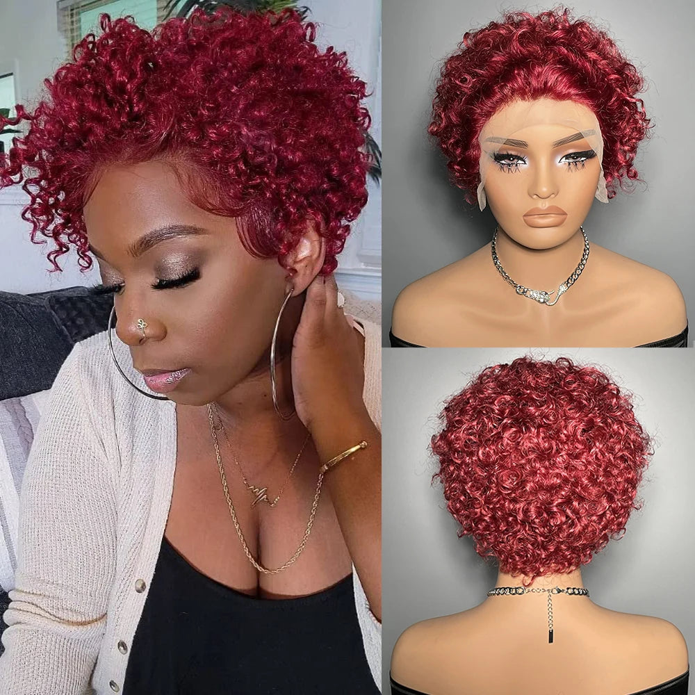 99J Wigs Human Hair Cheap Pixie Cut Wig 13X1 Transparent Lace Wig For Women Short Curly Human Hair Wig 180 Density