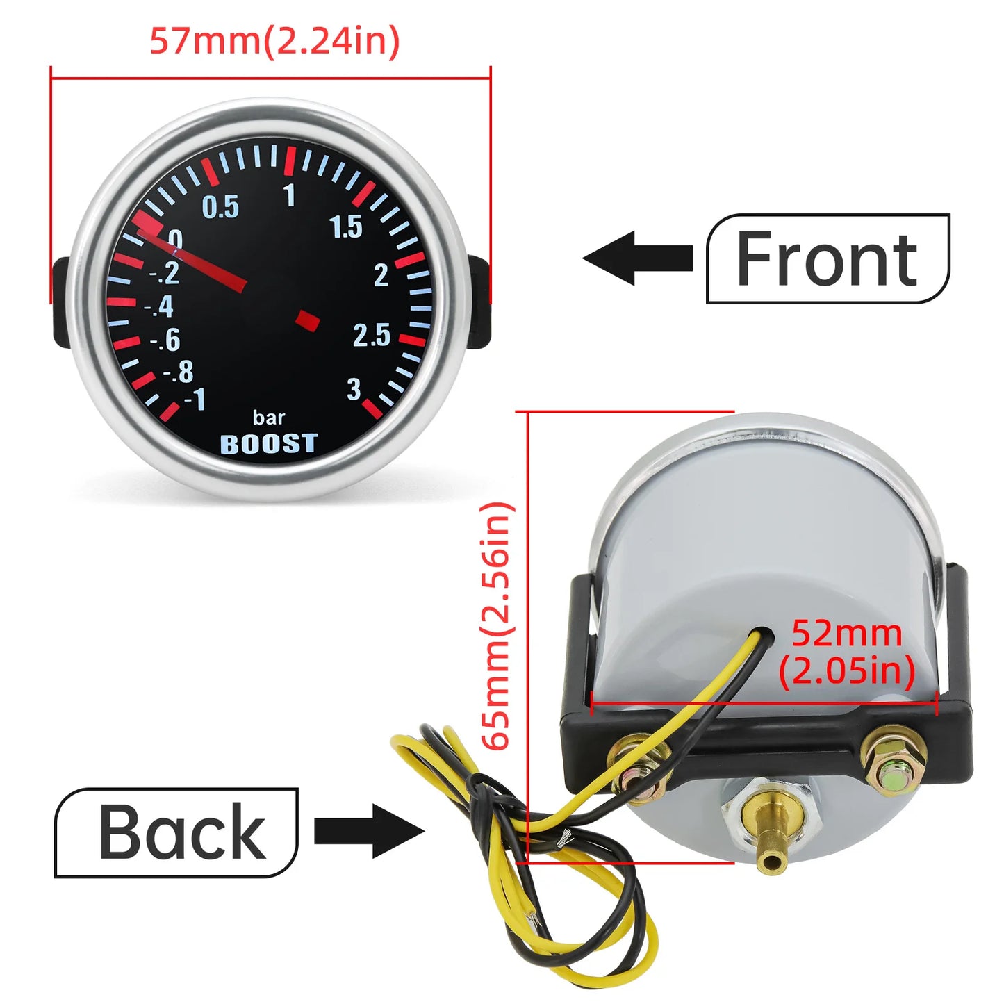 3.0 BAR Universal Smoke Len Turbo Boost Mechanical Car Wthie LED Gauge -1~0~3Bar Turbo Boost Meter 12V