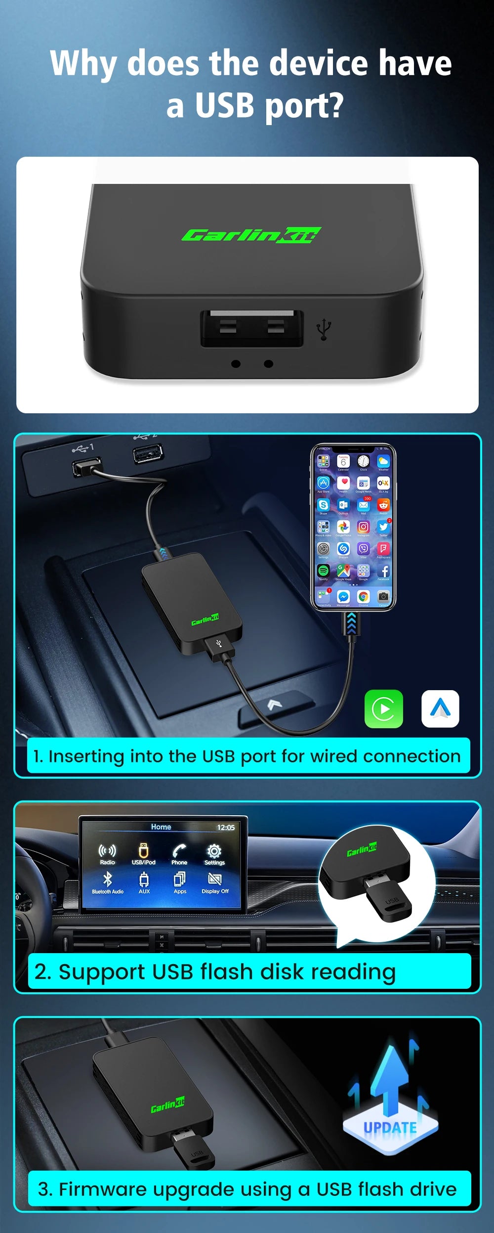 CarlinKit 5.0 Wireless CarPlay Android Auto Adapter 3 in 1 Wireless Car Adapter for Mazda Toyotal Peugeot Volvo Kia Spotify