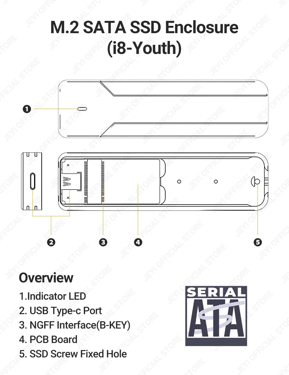 JEYI M.2 NVMe NGFF SSD Enclosure, Full Aluminum USB 3.2 Gen 2 10Gbps PCIe Or SATA 6Gbps M-Key B- Key M.2 Case Support Trim UASP