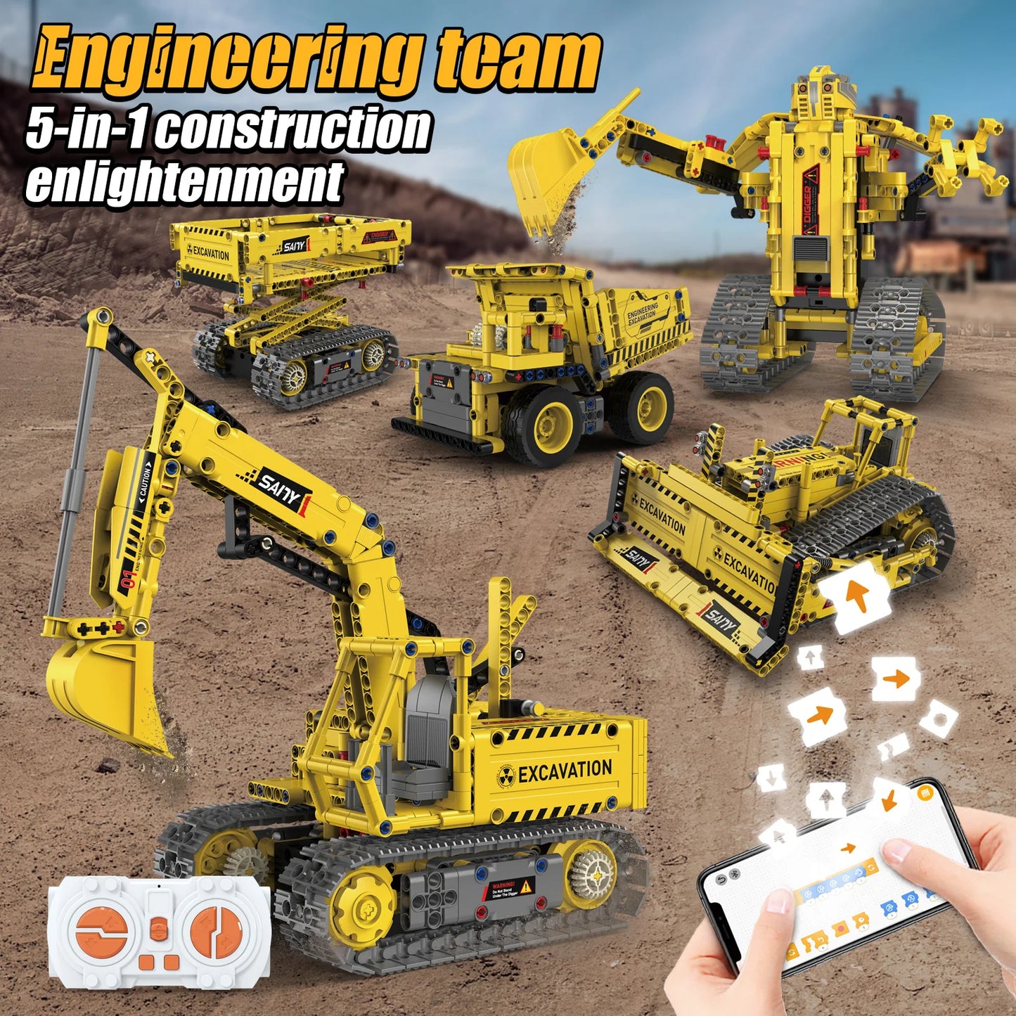 5 In 1Technical Car Excavator APP Remote Control Power Bricks Building Blocks Engineering Truck Toys Kids Moc Sets Gift K96173