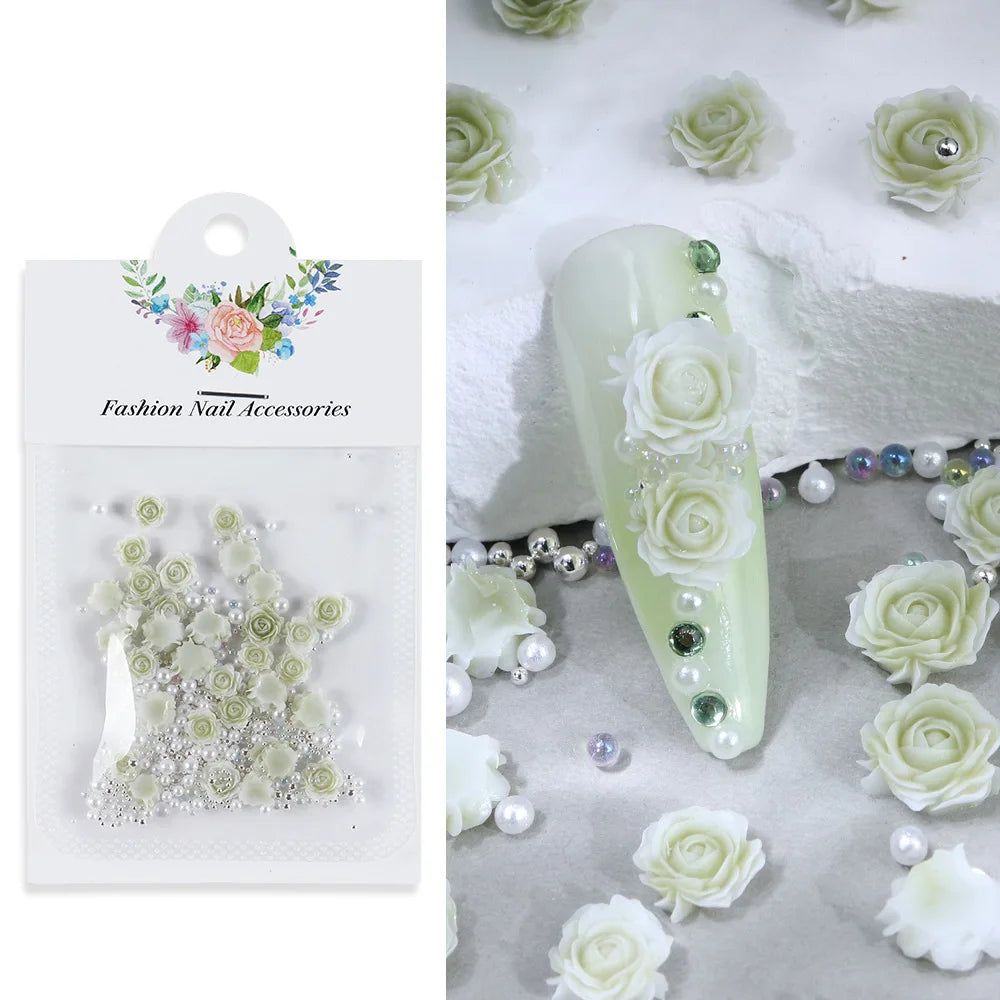 30 pcs gradient carved rose nail ornaments with steel bead pearl nail accessories