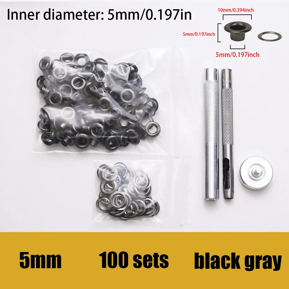100 sets of stainless steel  eyelets with a tool ,for canvas holes, clothes, handbag, 5mm/6mm inner diameters