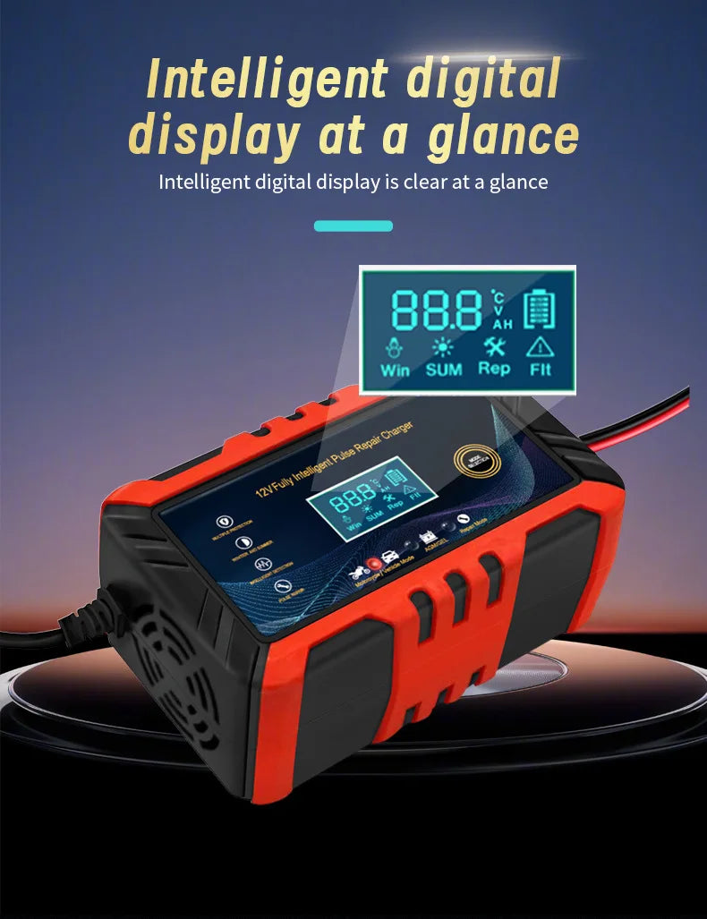 Car Battery Charger Intelligent Pulse Repair LCD Display 12V Car Battery Motorcycle Battery Charging Battery Repair Charger