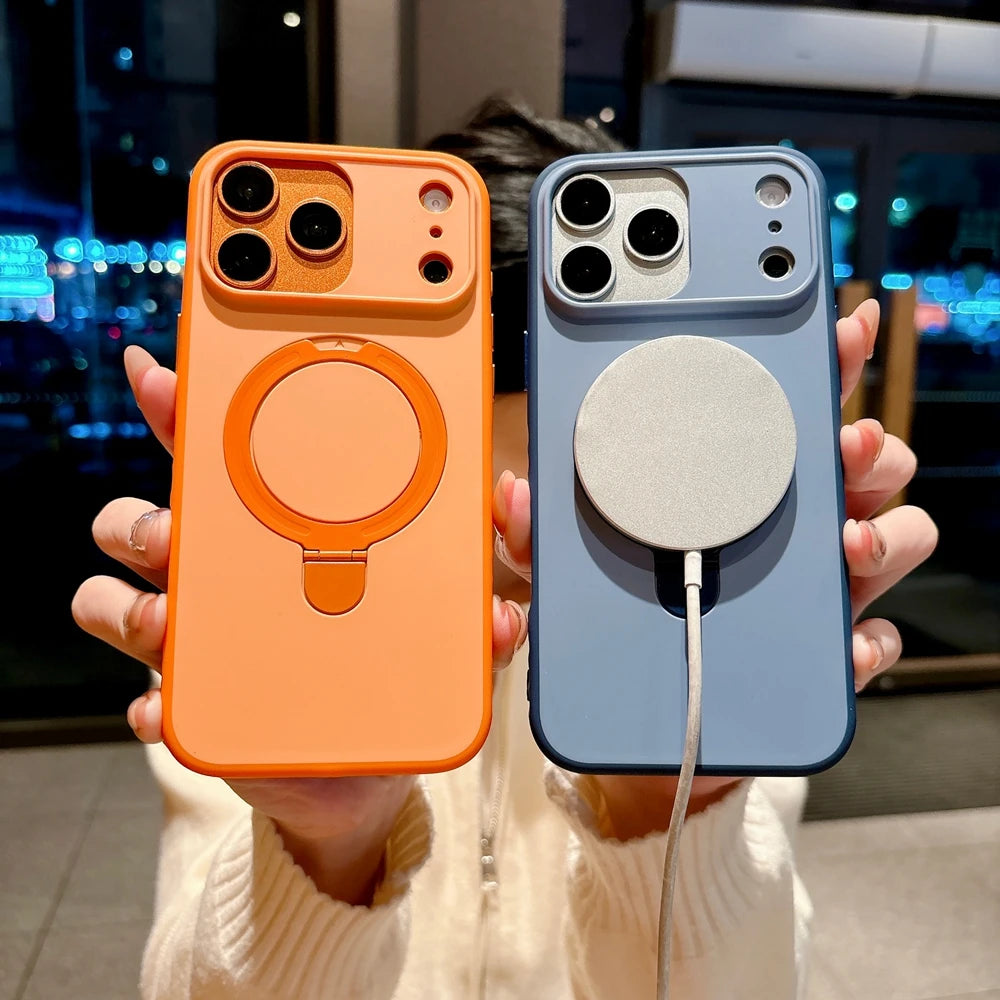 Luxury Skin Feel for Magsafe Phone Case For iPhone 17 16 13 15 Pro Max 14 Plus Magnetic Bracket Stand Anti-slip PC Cover