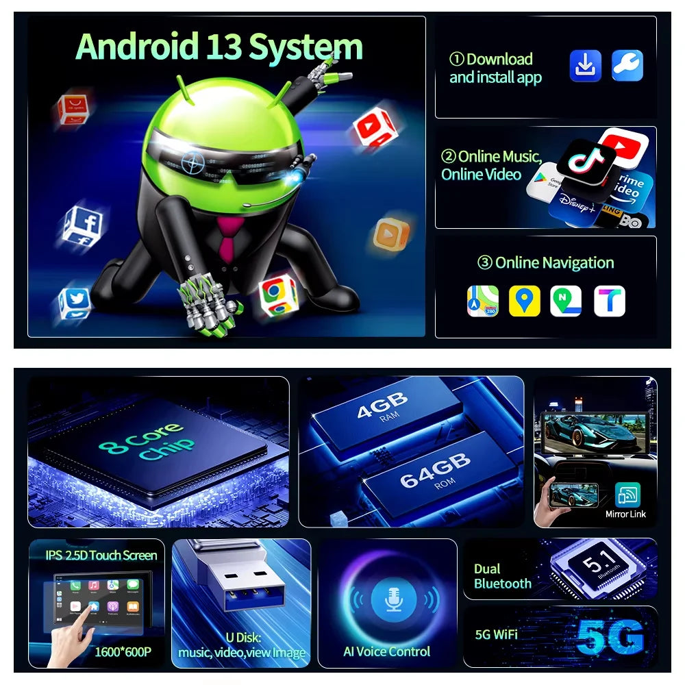 Imagebon 10.26 Inch Android 13 8 Core Rearview Mirror Camera CarPlay & Android Auto Dash Cam 5G WiFi Bluetooth GPS Navigation