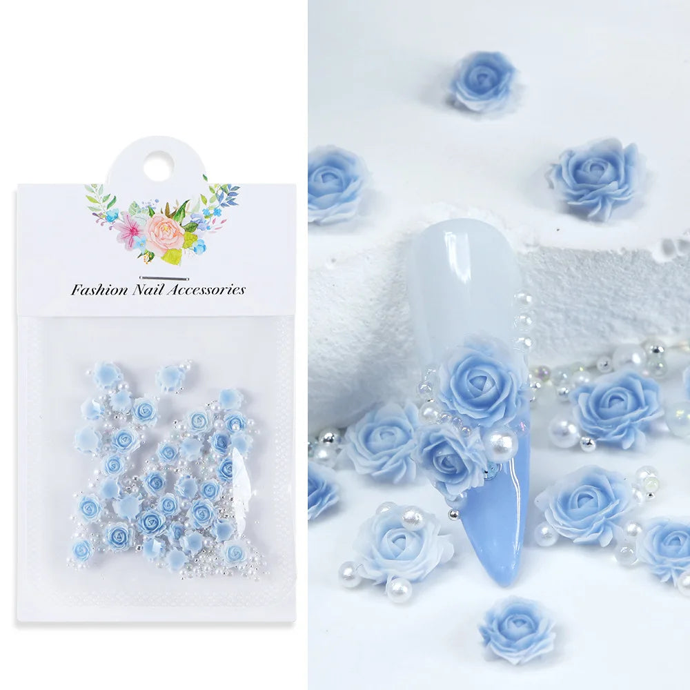 30 pcs gradient carved rose nail ornaments with steel bead pearl nail accessories