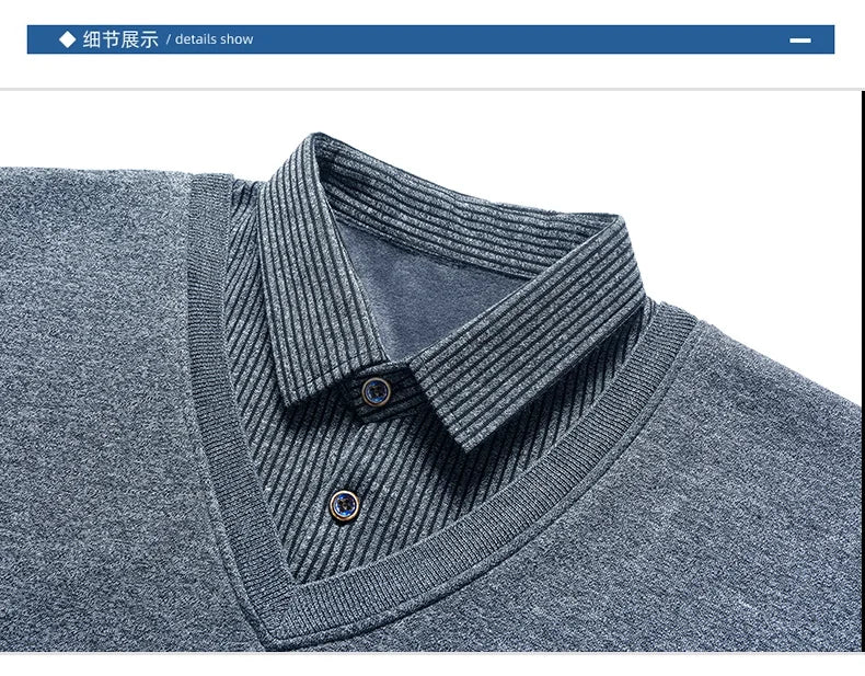 Male Fleece Polo Shirt Men's Pullover Autumn Winter T-shirt Collar Sweaters Cold Blouse Navy Blue Khaki Korean Clothing