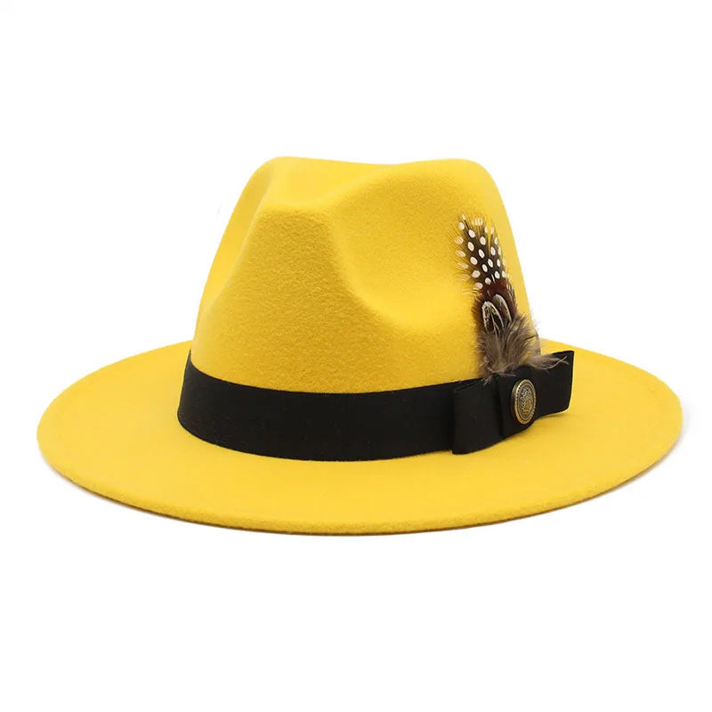 White Woolen Gentleman Classic British Jazz Feather Top Hat Wide Brim Party Church Wedding Fedora Hats Men Women Panama Felt Cap