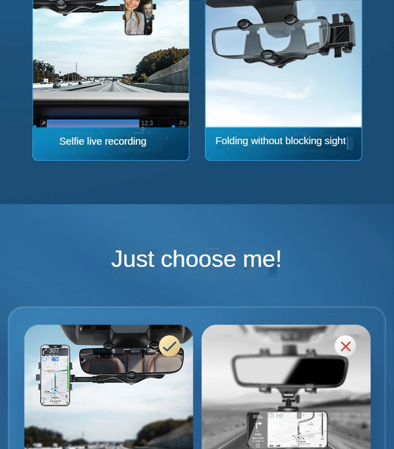 Car Phone Holder 360° Rearview Mirror Phone Holder Auto Rearview Mirror Seat Hanging Clip Bracket Cell Phone Holder for Car