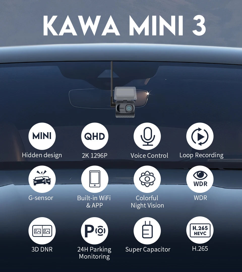 2K Mini Dash Camera For Car DVR Dash Cam KAWA MINI 3 Video Recorder Emergency Voice Control Night Vision WiFi APP Monitor WDR