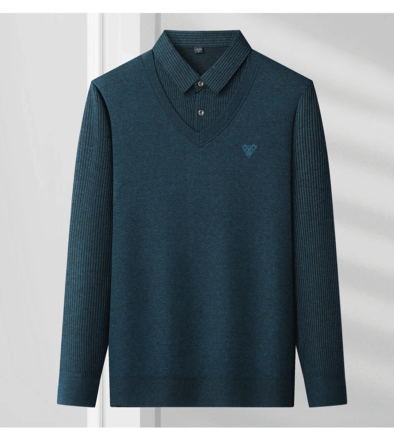 Mens Autumn Clothes Polo Collar Sweater Fake 2 Pieces Striped Velvet Jumpers Slim Fit Pullovers Elegant Knitted Sweaters