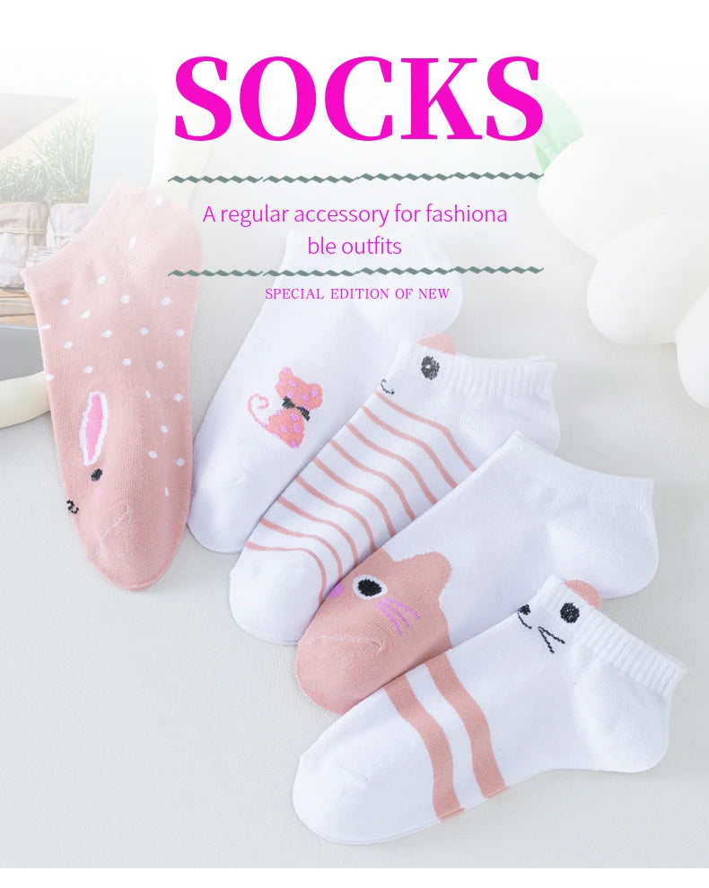 5 Pairs of WOMEN'S Short Socks, Pink Cat Thin, Cute All Season Boat Socks, Slow Top, Fashionable Boat Socks