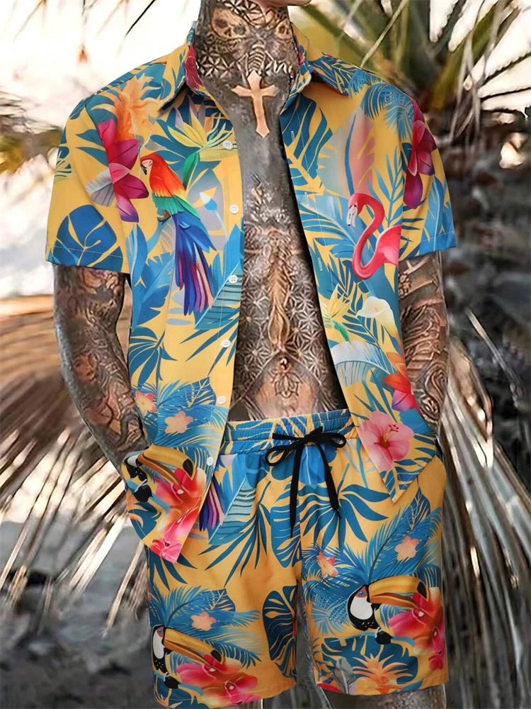 Men's New Hawaiian Short-Sleeved Shirt Shorts Set Summer Daily Travel Shirt Beach Casual Drawstring Shorts Jungle Print Set