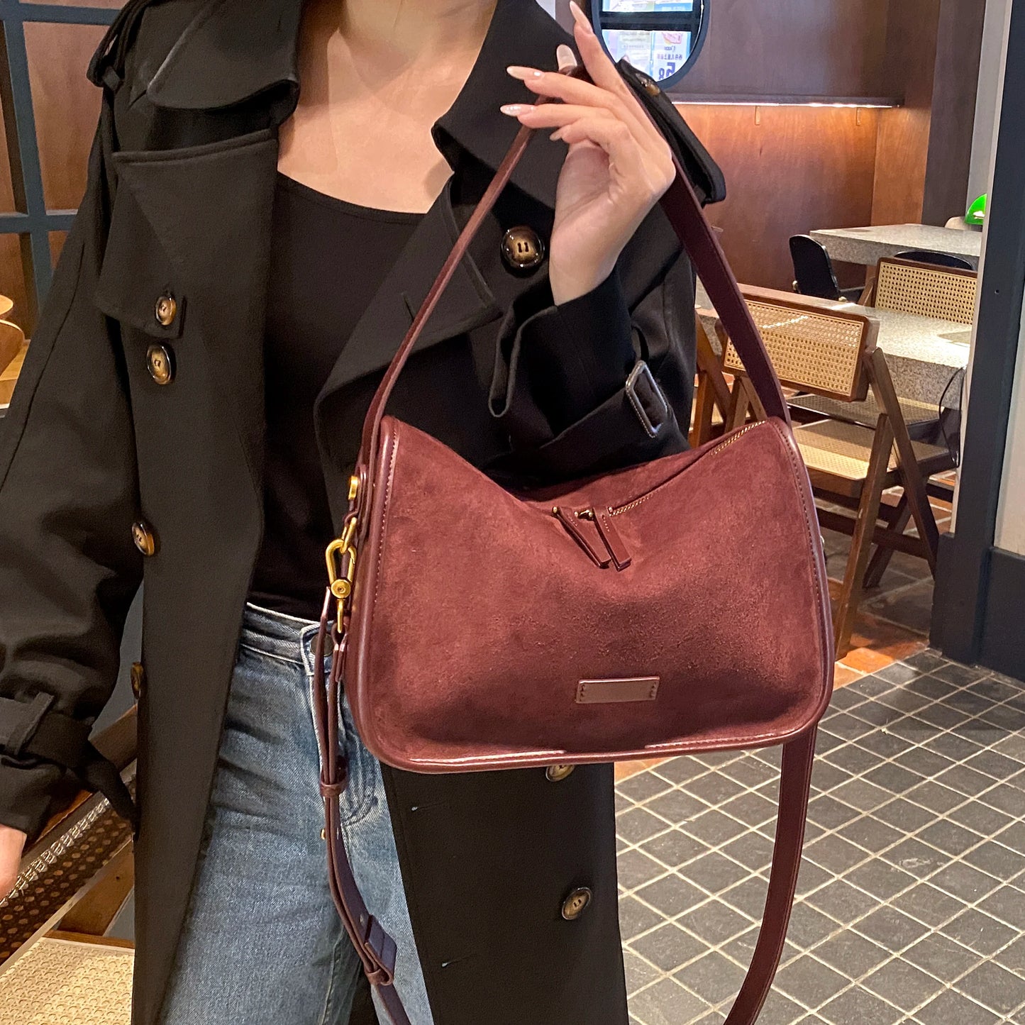 Suede Cowhide fashion ladies shoulder cross coffe bag luxury designer women brown handbag angola red