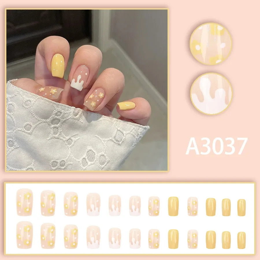 Watercolor Rose Fake Nail with Jelly sticker Press on False Nails Wearable Round Head Oval Full Cover Nail Tips