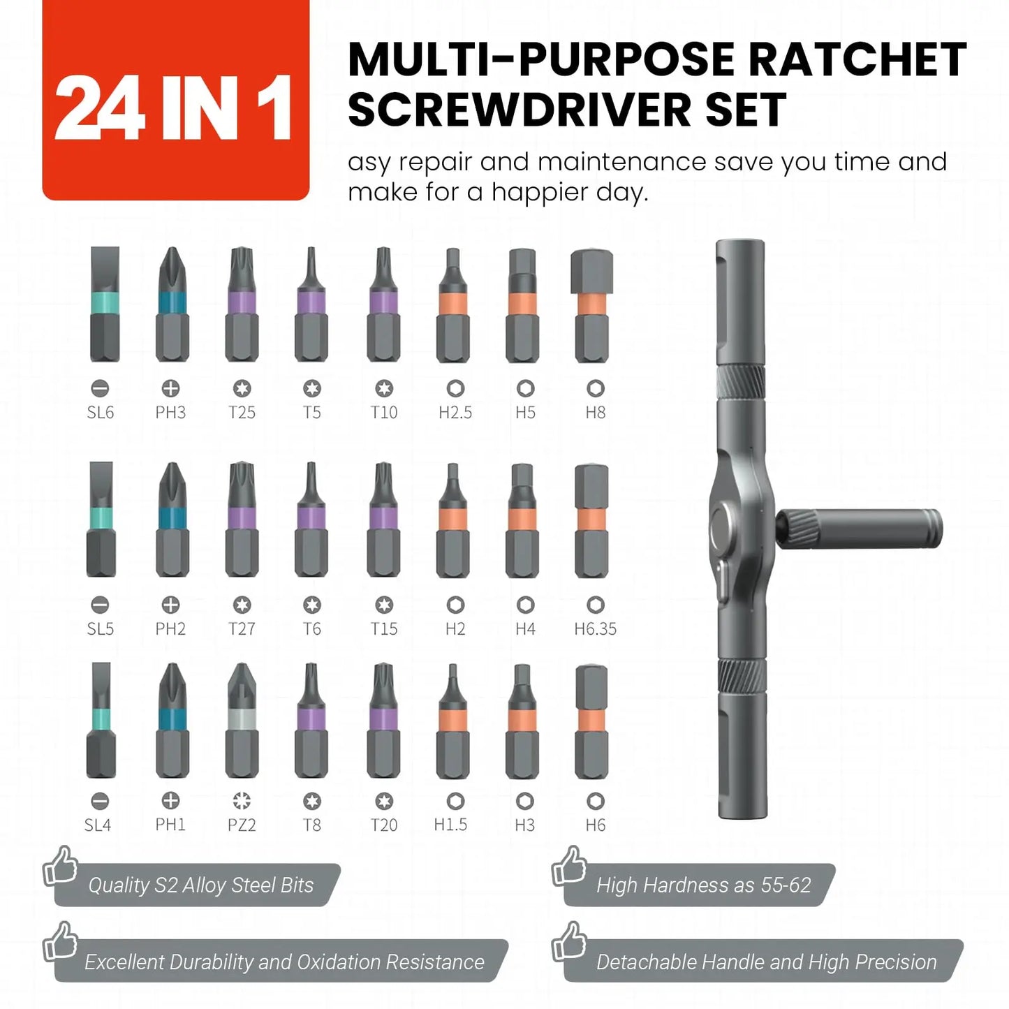 VMAN 24in1 RS1 Multi-Purpose Ratchet Screwdriver Set 24 in 1 S2 Steel Magnetic Screwdriver Bits Repair Tools