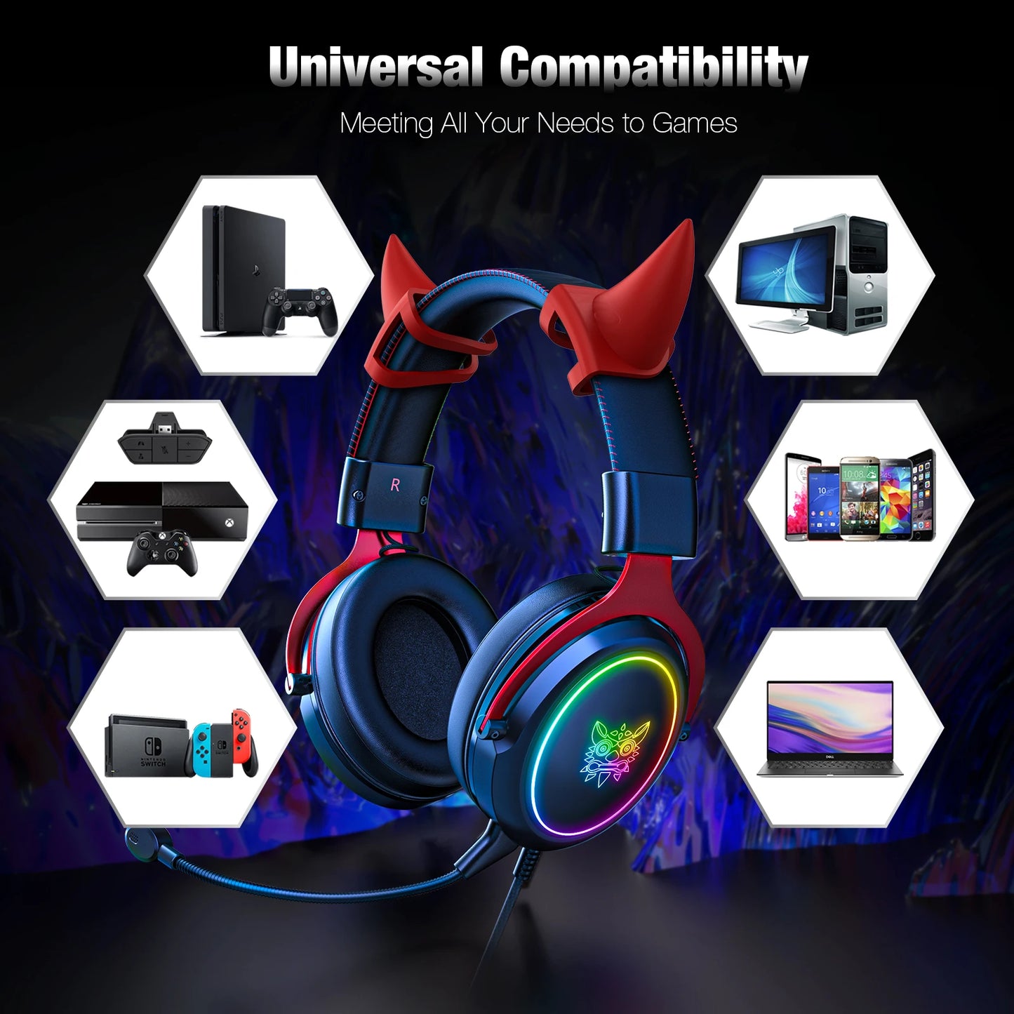 onikuma 2025 NEW Gaming Cute Headset, Wired Over-Ear Headphones with Noise Cancelling Microphone, Surround Sound, LED Backlight