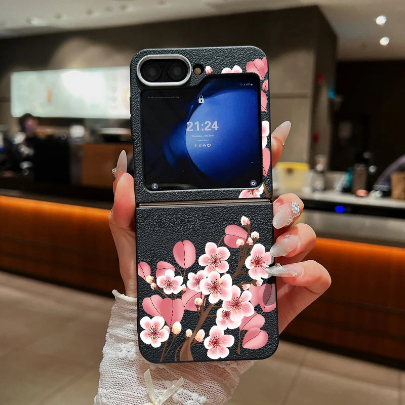For Samsung Galaxy Z Flip 7 FE 6 5 3 4 Leather Texture Phone Case Floral Flower Soft TPU Folding Cover For Samsung Z Flip5 Flip6