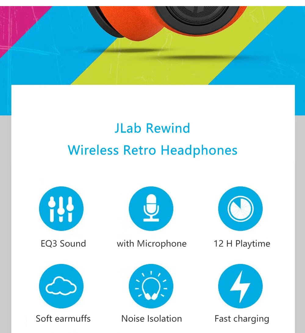 JLab Rewind Wireless Retro Headphones 12H Playtime/Custom EQ3/with Mic Noise Isolation Old-school Rock Bluetooth Headset