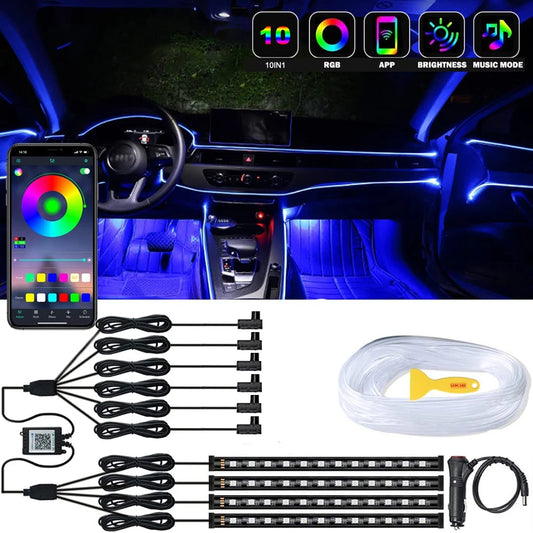 Neon Car LED Interior Lights RGB Ambient Light Fiber Optic Kit With APP Wireless Control LED Auto Atmosphere Decorative Lamp