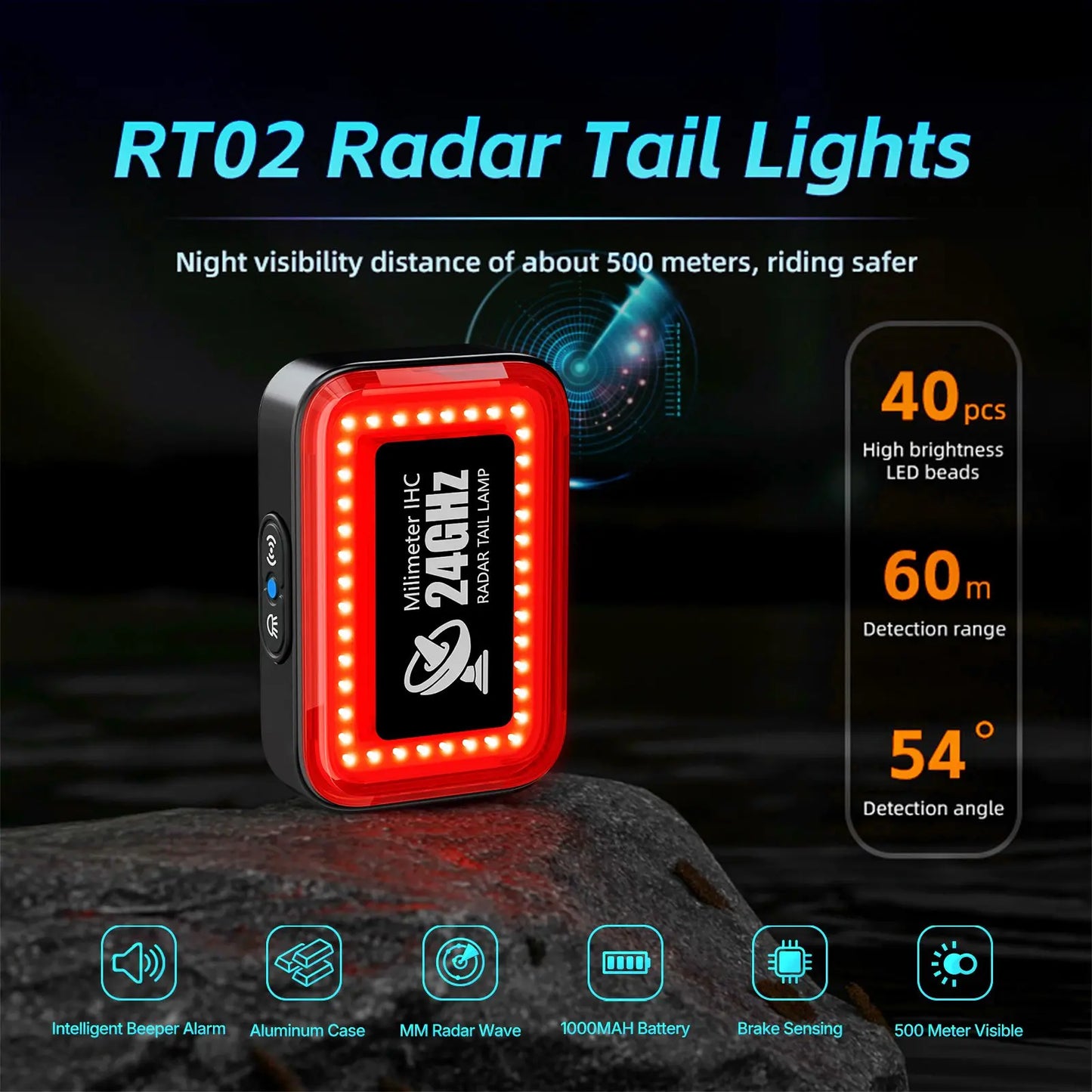 CYCLAMI Bicycle Intelligent Radar Taillight Bike Smart Brake Sensing Rear Lamp with Beeper Alarm Cycling Safety Tail Light RT02