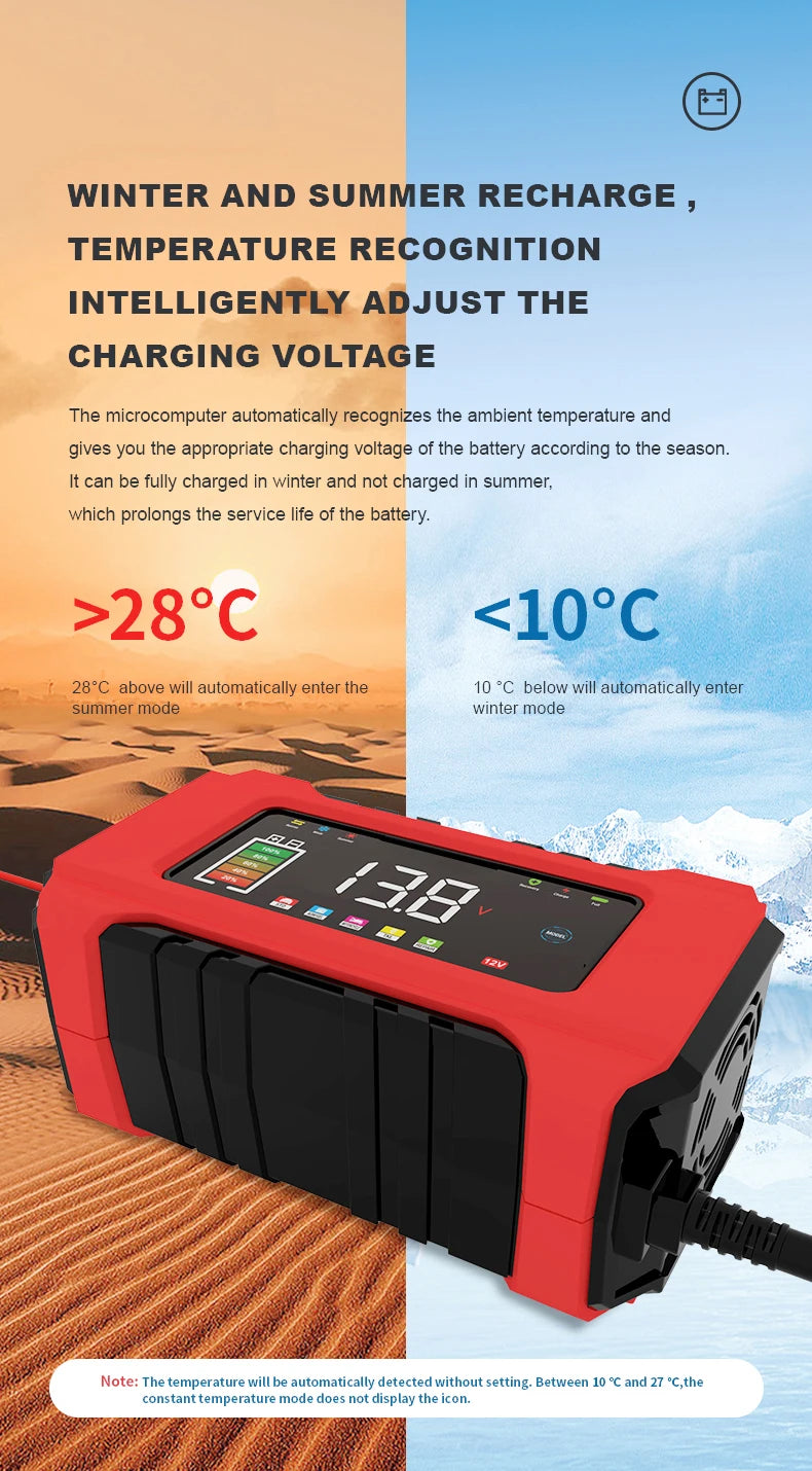 12V 6A Fully Automatic Car Battery Charger Smart Pulse Repair Color Screen for AGM GEL WET Lead Acid Charger LCD Display