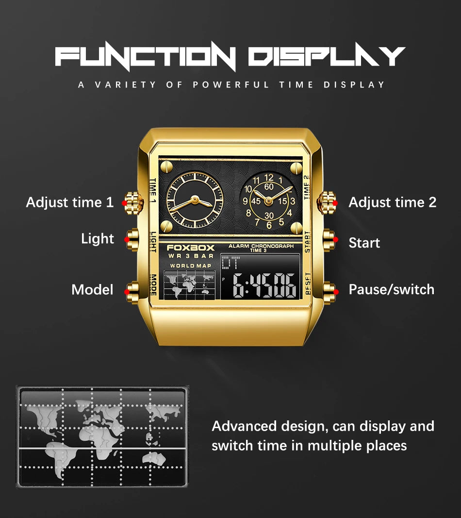 LIGE New Sport Mens Watches FOXBOX Brand Luxury Square Watch For Men Fashion Waterproof Dual Display Watch Relogio Masculino+box