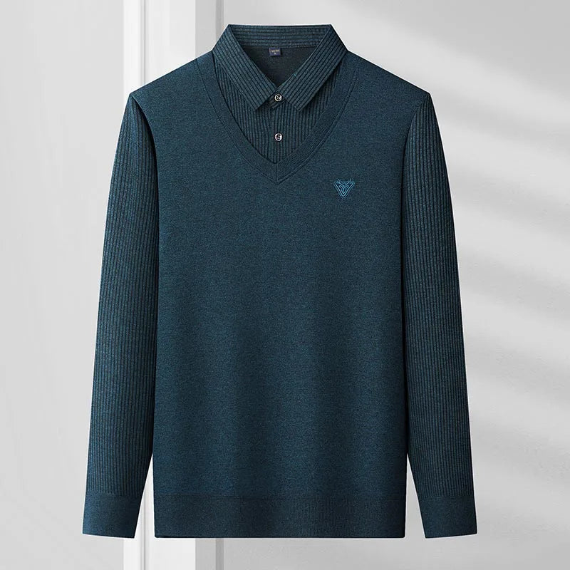 Mens Autumn Clothes Polo Collar Sweater Fake 2 Pieces Striped Velvet Jumpers Slim Fit Pullovers Elegant Knitted Sweaters