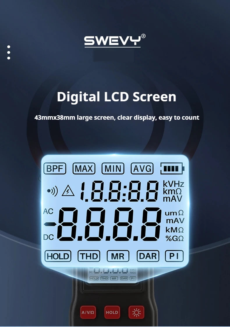 SWEVY SW1018A LCD Backlight Digital Flexible Current Clamp 0 mA - 9999A AC/DC Voltage, AC Current, and Resistance Test Multimete