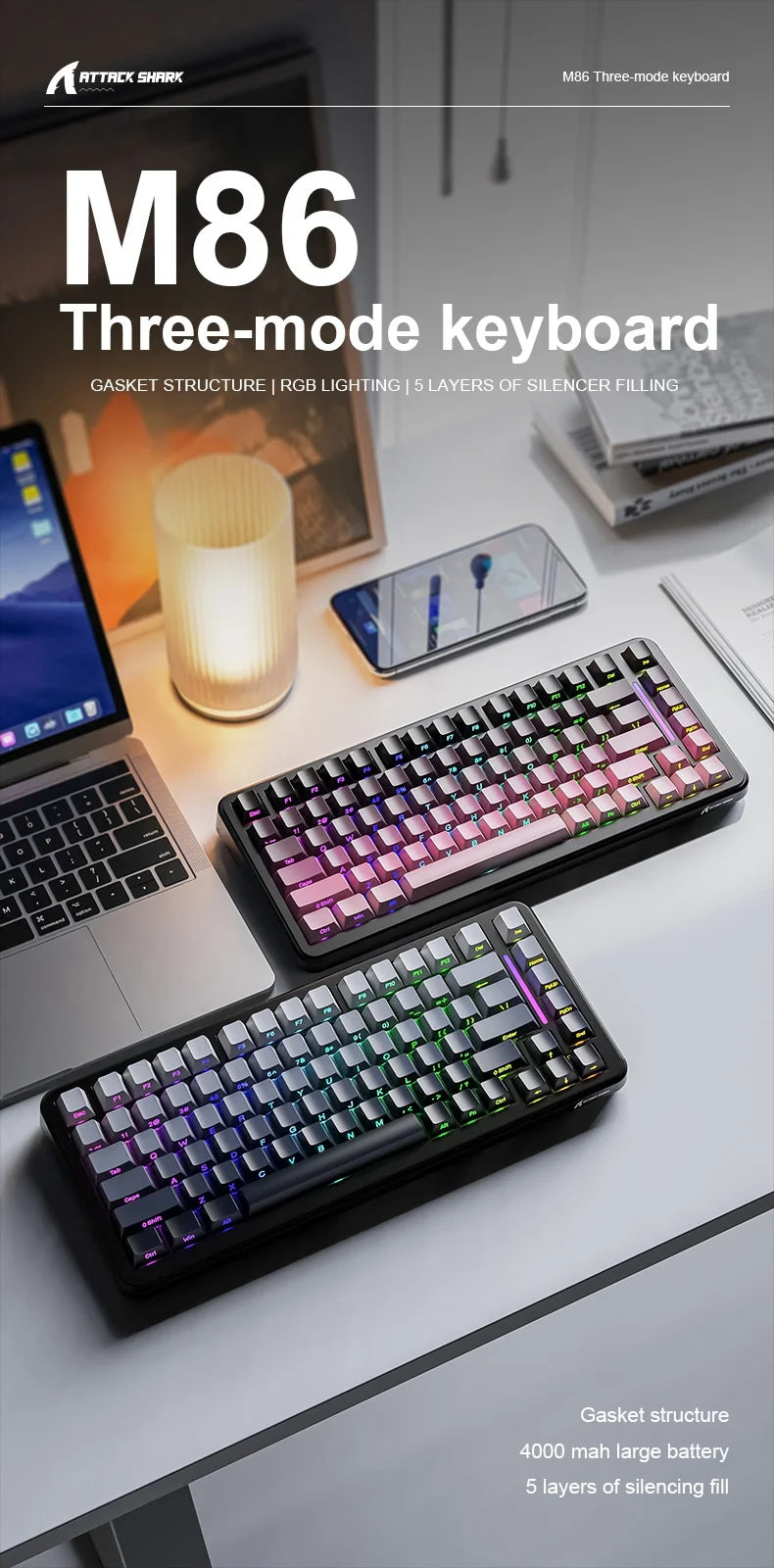 Attack Shark M86rgb Three-Mode Wireless Bluetooth Hot Plug Engraving Mechanical Keyboard Blueberry Axis Surprise Gift