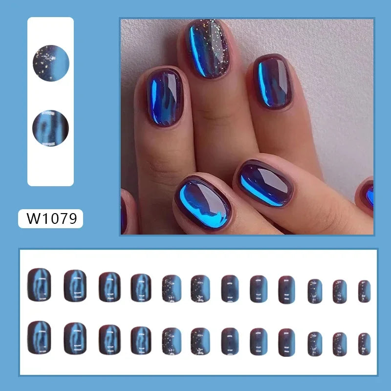 Dark Blue Cat Eyes 24 Pcs Press on Nails Pink Gradient Fake Nails Glossy Artificial Finger Manicure Reusable False Nails