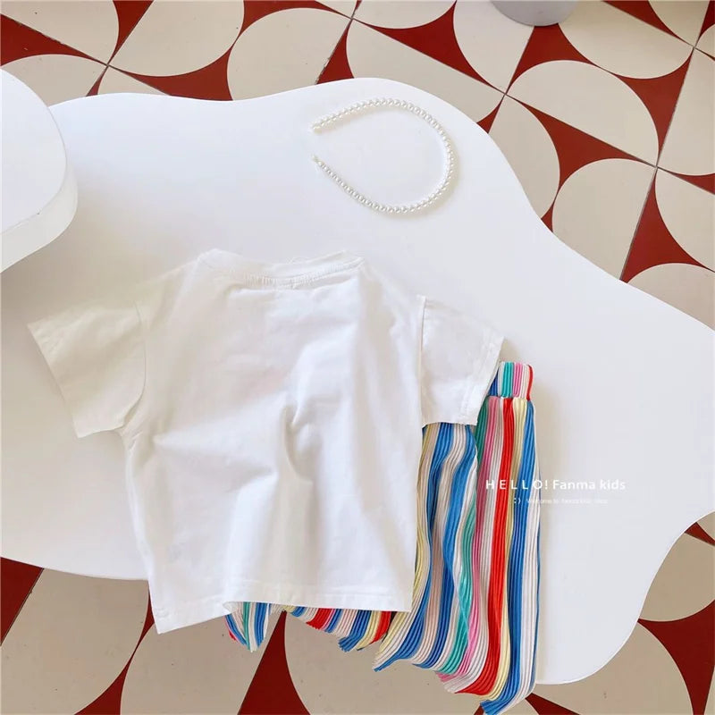 Baby Girls Tops Sets Kids Short-Sleeved Top Striped Trousers 2 Pieces Summer Rainbow Suit New Children's Fashion Casual Outfit