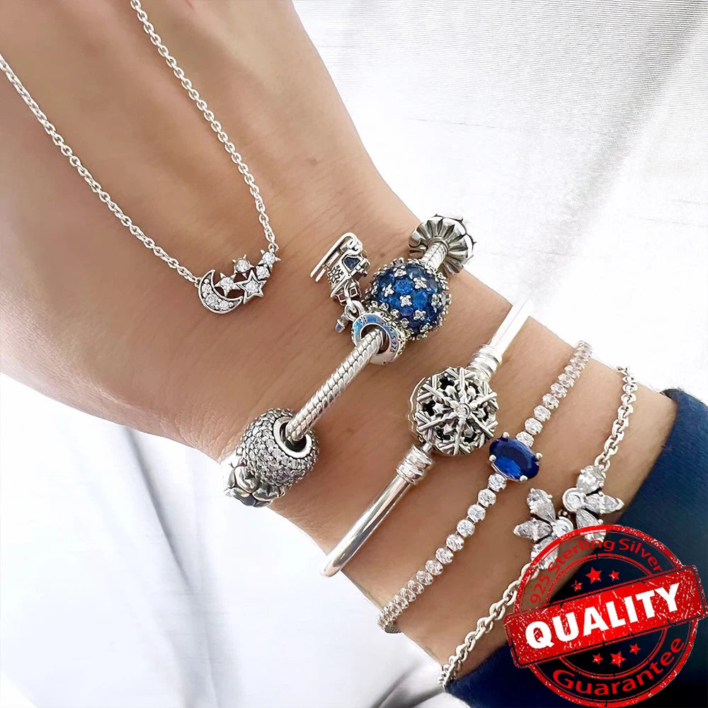 Sparkling 925 Sterling Silver Pavé Round Pink Charm Fit Original Bracelet Blue Charm Beads Women Necklace Fine Jewelry Gift