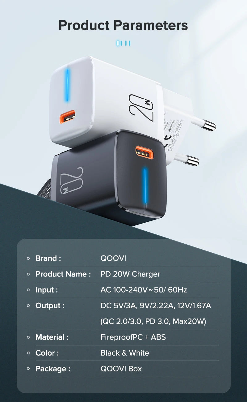 QOOVI 20W Usb Type C Charger Mini PD USB C Wall Adapter Fast Charging Charger For iPhone 14 13 Pro Max 12 Mini XR 8 Plus iPad