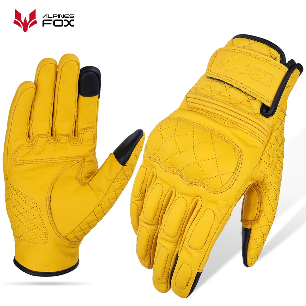 Vintage Leather Motorcycle Gloves Men Women Wear-resistant Motobike Guantes Touchscreen Anti-slip Retro Motobiker Luvas Yellow