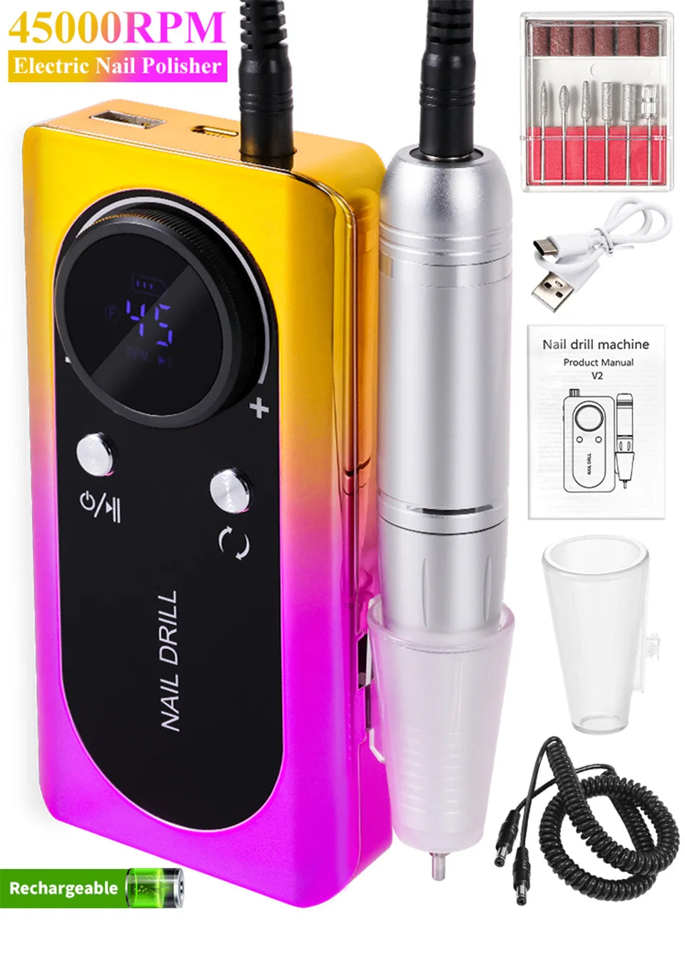 45000RPM Nail Drill Machine Kit Rechargeable Electric Portable Nail Sander File for Gel Nails Polishing For Manicure Salon Home