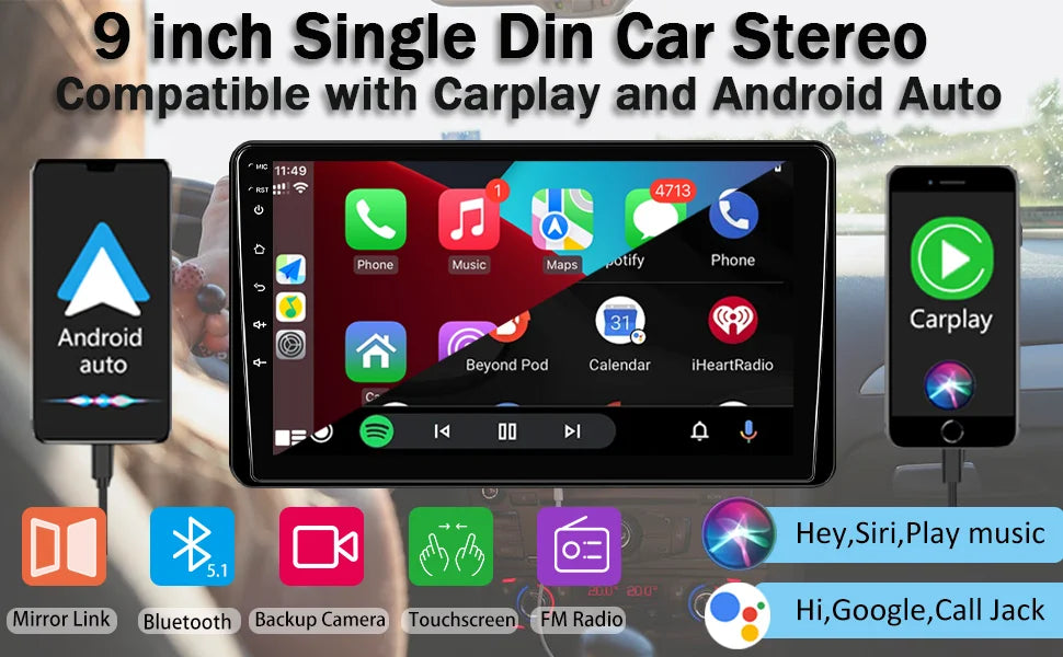 9 Inch Car Stereo Single Din Radio with Apple Carplay and Android Auto,Touch Screen Bluetooth Car Audio with Backup Camera