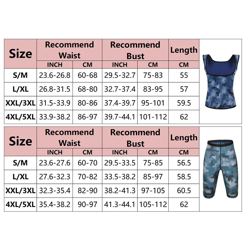 Women Camouflage Body Shaper Sweat Sauna Sets Fitness Vest Slimming Shorts Flat Tummy Pants Waist Trainer Shapewear Suits