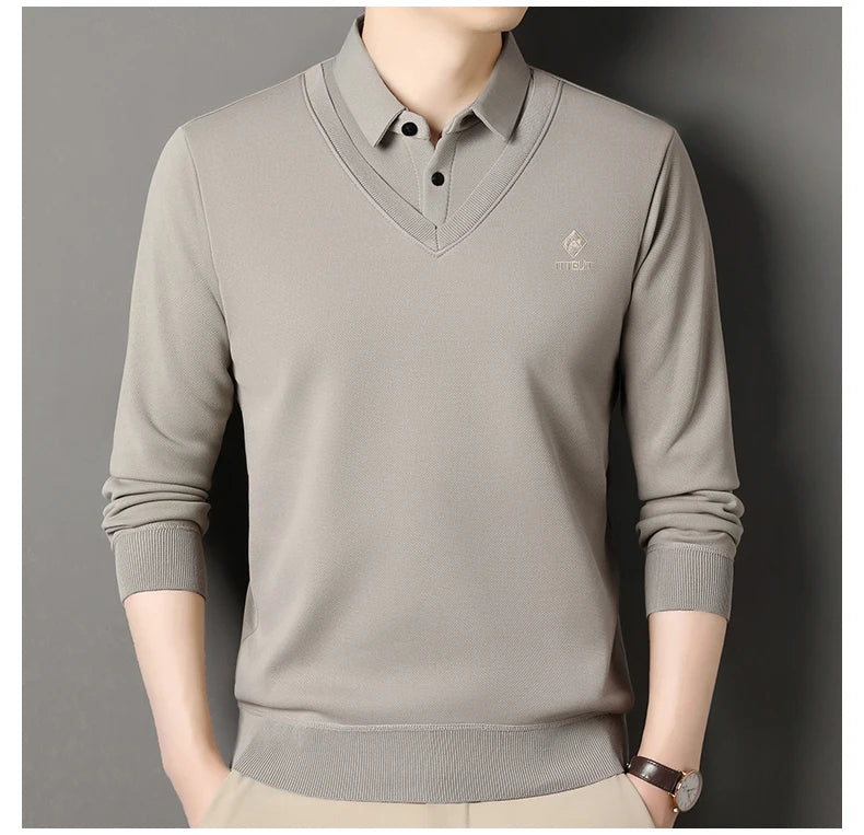 Men's Winter Sweater Velvet Pullover Solid Color Slim Fit Elegant Luxury Brand Knitwear Fake Two Pieces Knitted Sweaters