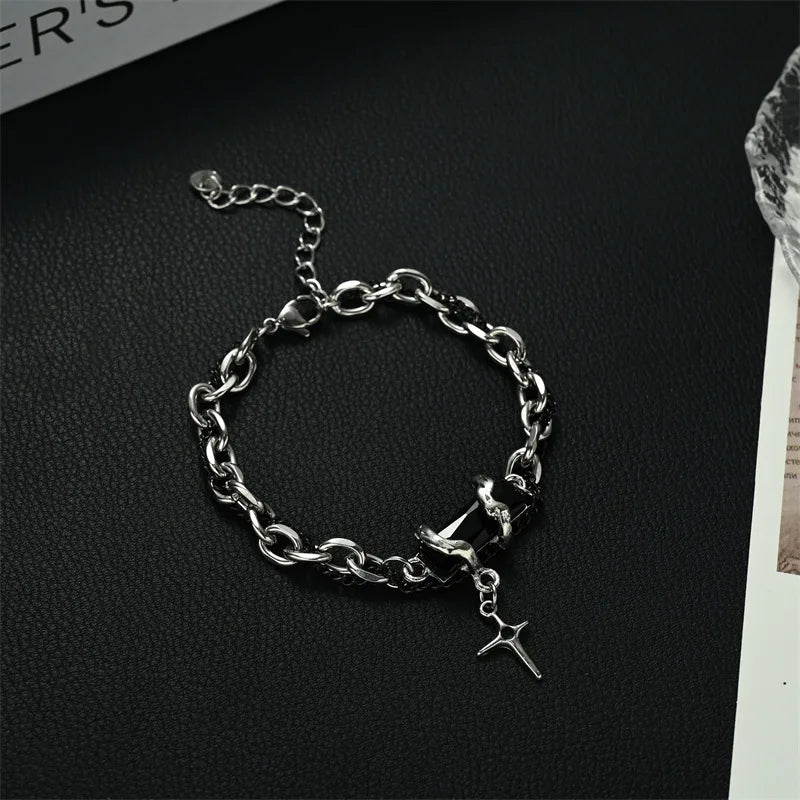 2024 Retro Black Zircon Star Bracelet for Women Men Trend Titanium Steel Punk Chain Unisex Jewelry New Couple Accessories