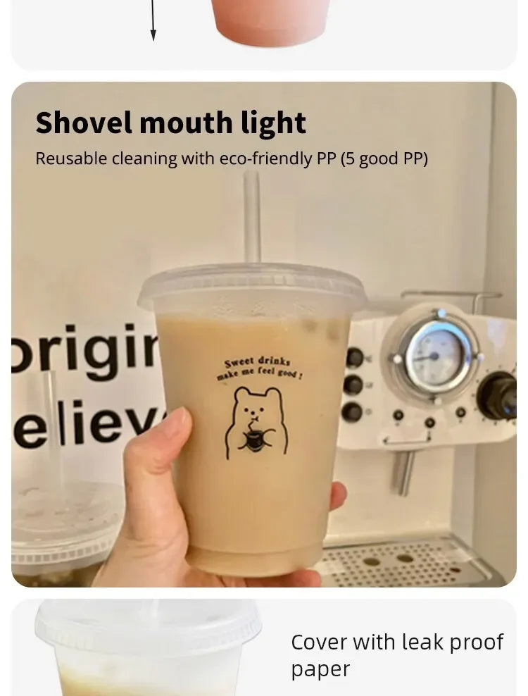 Cartoon Bear Pattern Large Capacity Plastic Straw Cup Handheld Beverage Cup Suitable For Coffee Milk Tea