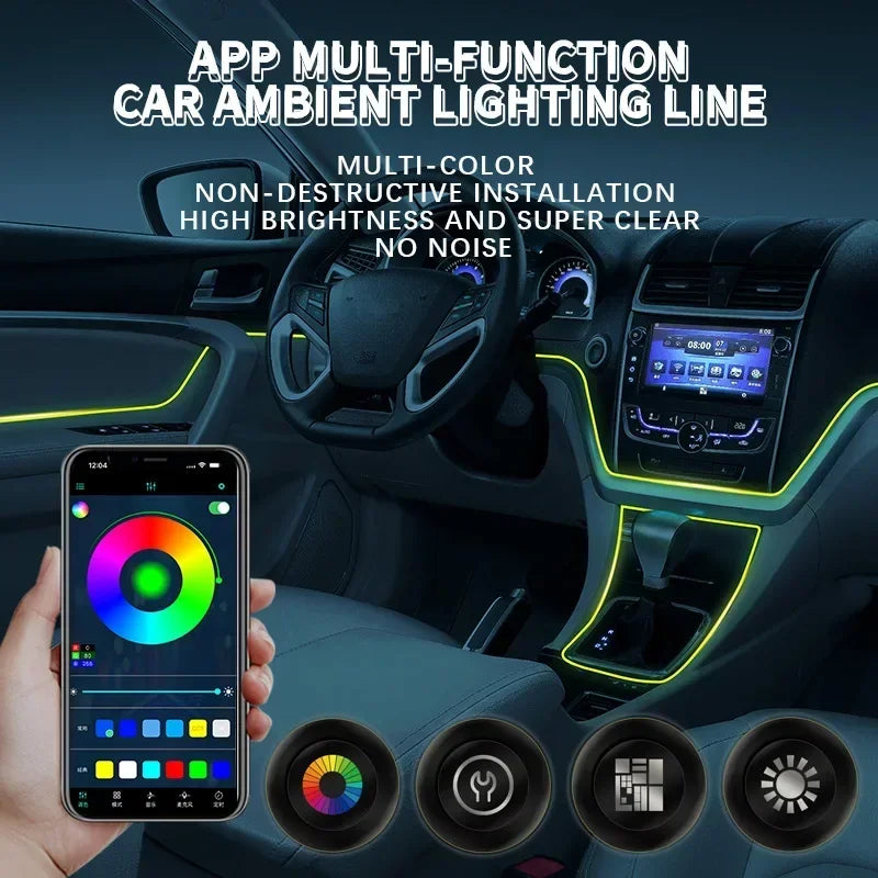 Car Interior RGB LED Atmosphere Light Strip USB Fiber Optic Neon Invisible Ambient Lamp Center Console Door Decoration Trim