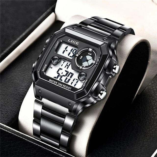 LIGE New Sport Mens Watches FOXBOX Brand Luxury Square Watch For Men Fashion Waterproof Dual Display Watch Relogio Masculino+box
